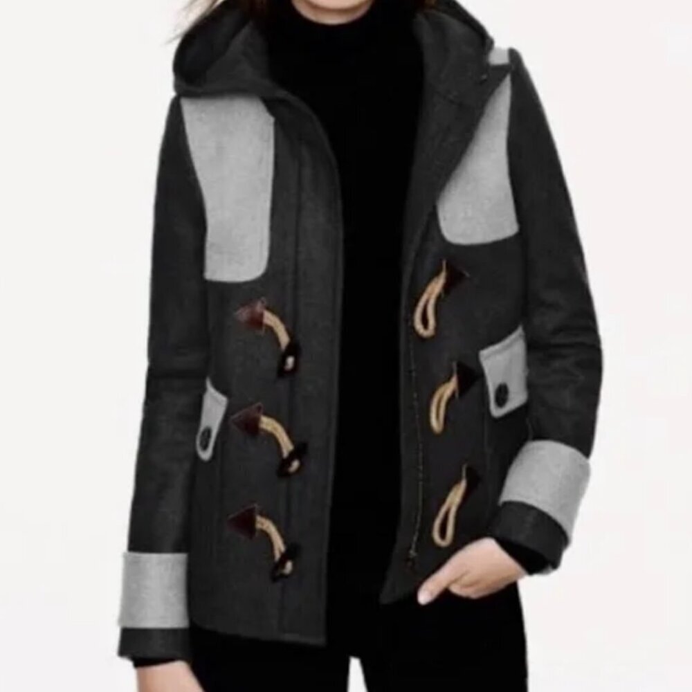 J.Crew Woman's Black/Grey Wool Outdoor Duffle Toggle Short Coat Sz 0